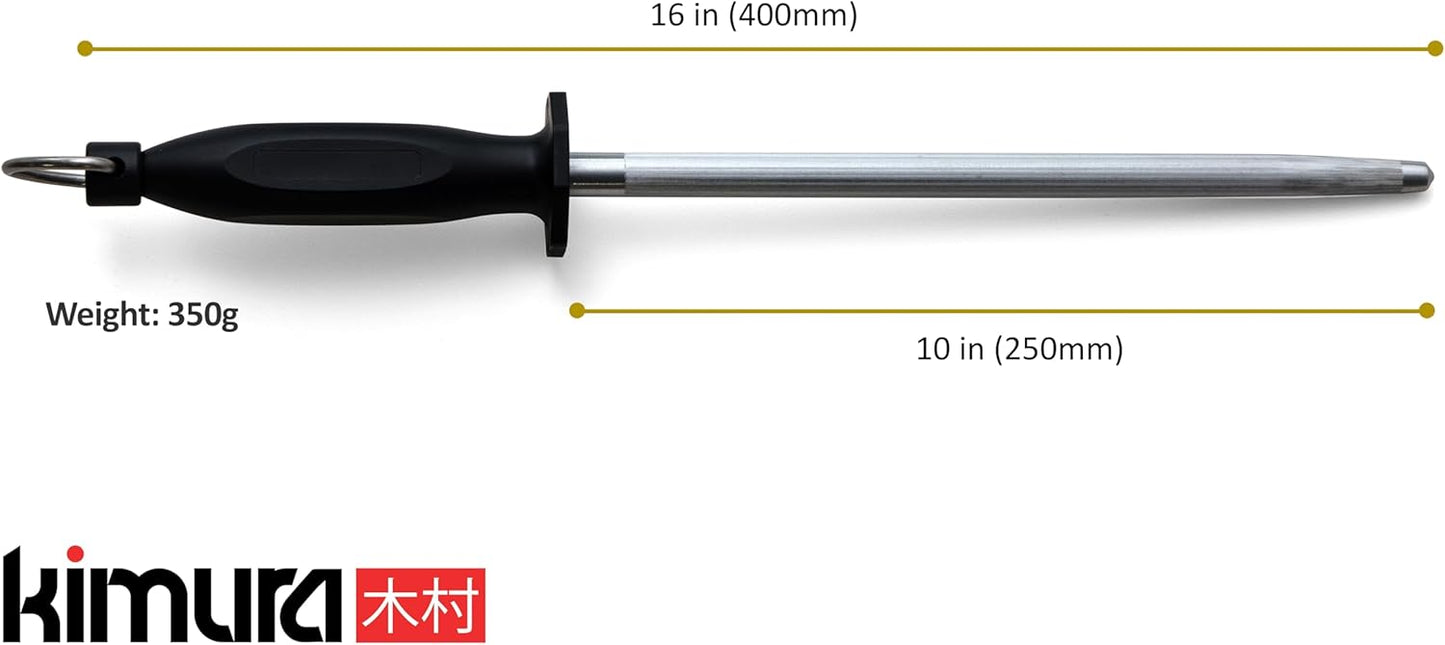Kimura® Professional Honing Steel, 10 inch Honing Rod, Carbon Steel Knife Sharpener, Magnetized Steel, Ergonomic & Balanced Polypropylene Handle, Ideal for All Chef Knives, Japanese Gift Box