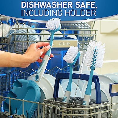 Dish Brush Set of 5 with Convenient Holder (Blue)