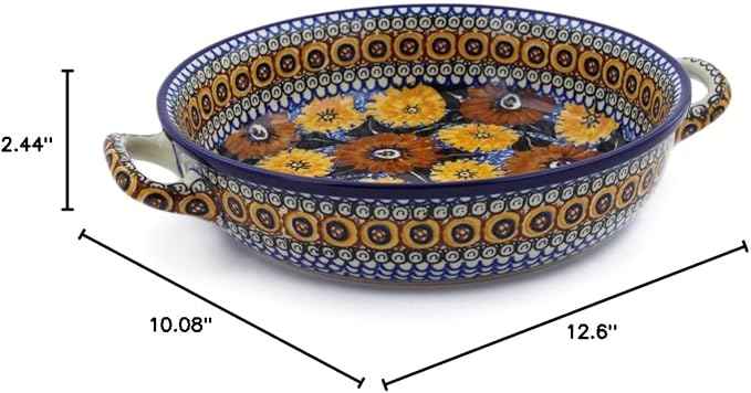 Polmedia Polish Pottery Round Baker with Handles 10-inch UNIKAT - Autumn Chrysanthemums Pattern Handmade in Boleslawiec Poland by Ceramika Artystyczna + Certificate of Authenticity
