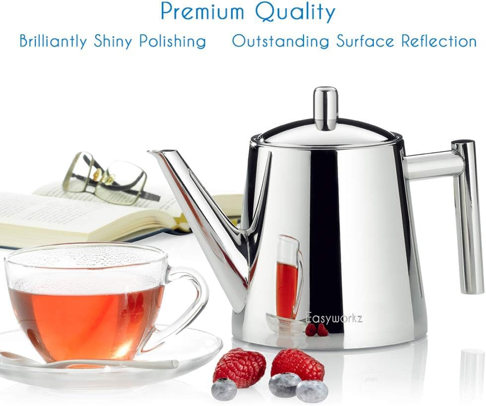 Stainless Steel Double Wall 34 oz Tea Pot with Removable Tea Infuser (34 oz / Chrome)