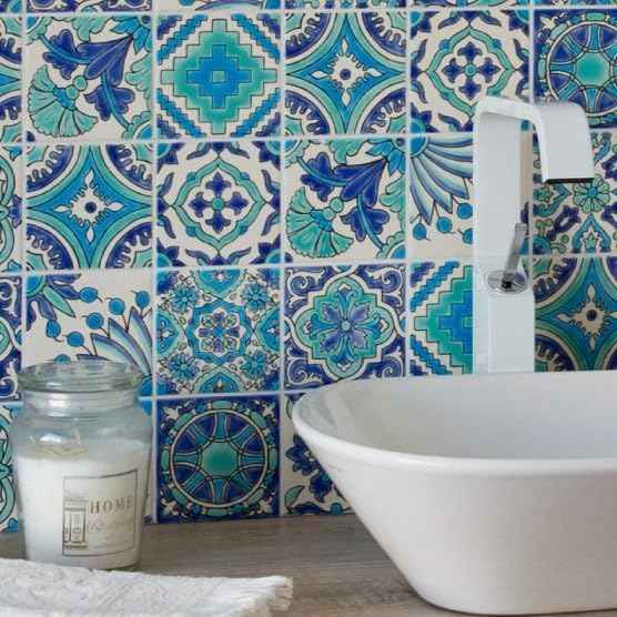 DYARI Set of 9 Decorative Ceramic Tiles – Hand Painted Indoor & Outdoor – Artisan Top Kitchen – Mediterranean Decorative 4x4 / One Tile Durable Colorful (Turquoise & Blue, 9 Tiles (1 Sq Ft))