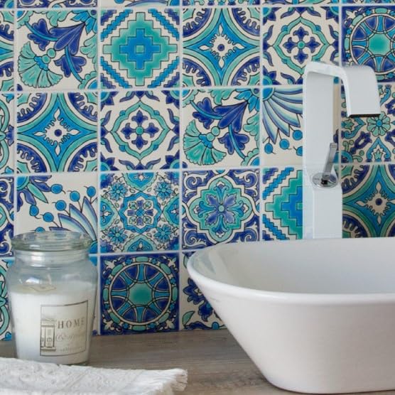 Set of 9 Decorative Ceramic Tiles (Turquoise & Blue / 4" x 4" (9 Tiles - 1 Sq Ft))