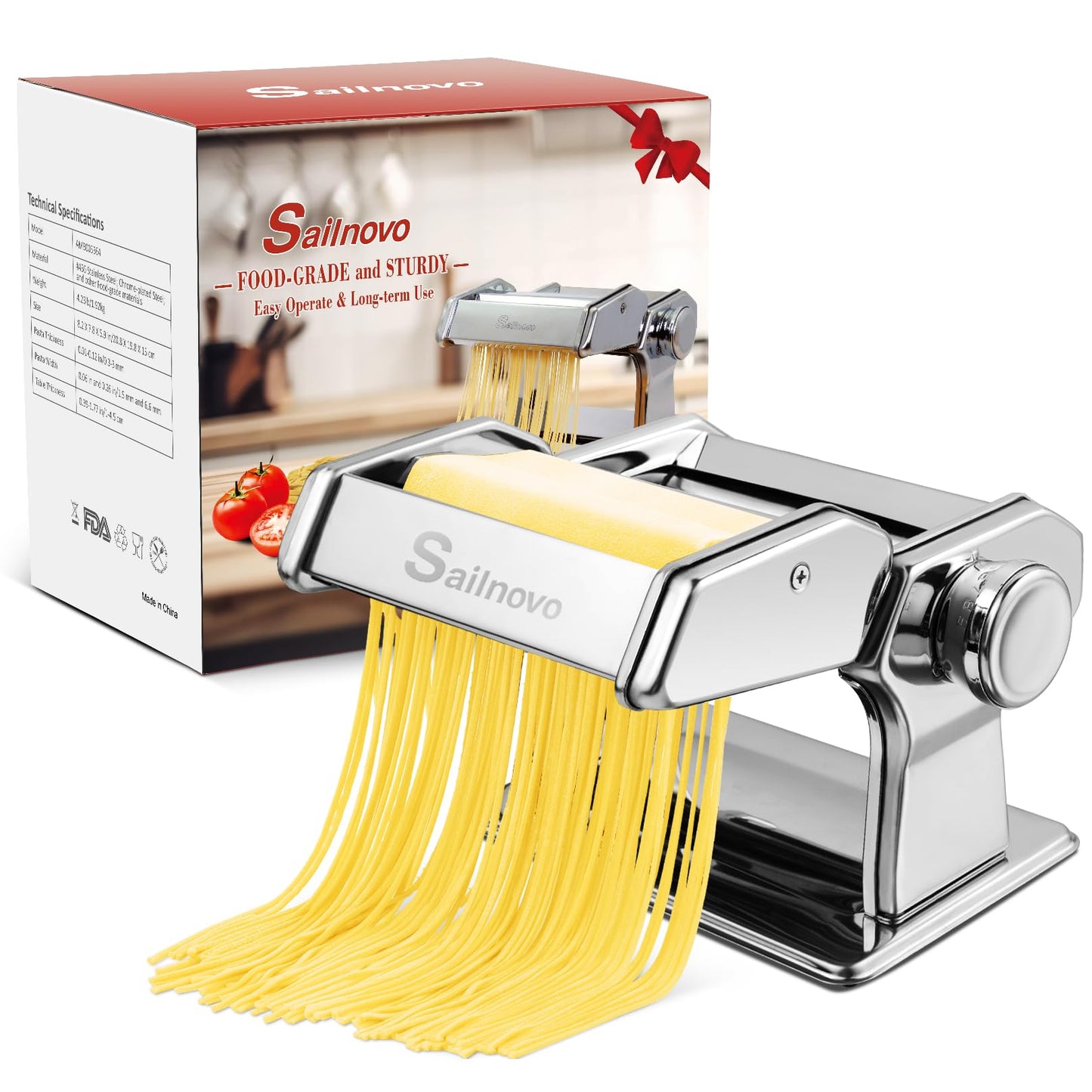 3-in-1 Pasta Maker with 9-Setting Pasta Roller & Cutters, Silver (Silver)