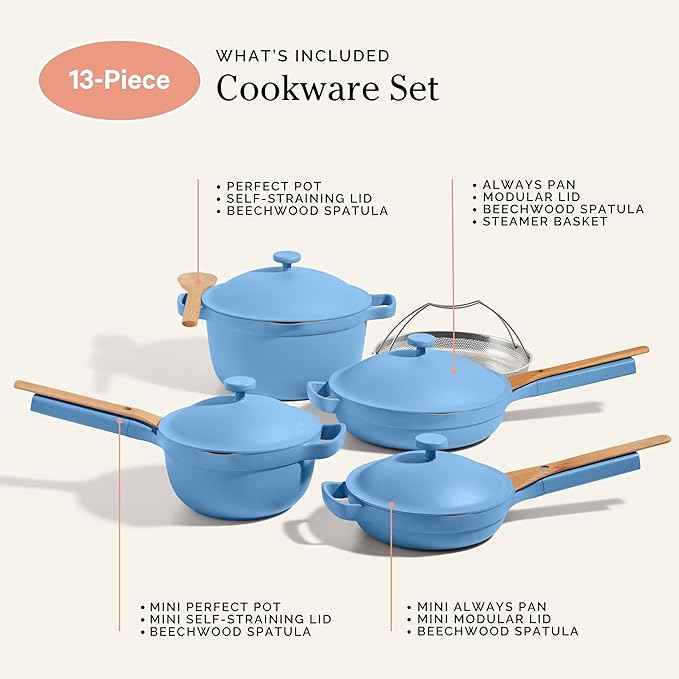 Our Place Cookware Set - 13-Piece Kit Including the Always Pan, Perfect Pot and Spatulas | Multifunctional, Toxin-Free Nonstick | Heat Safe up to 450°F | Oven, Stove, Induction | Forget-Me-Not Blue