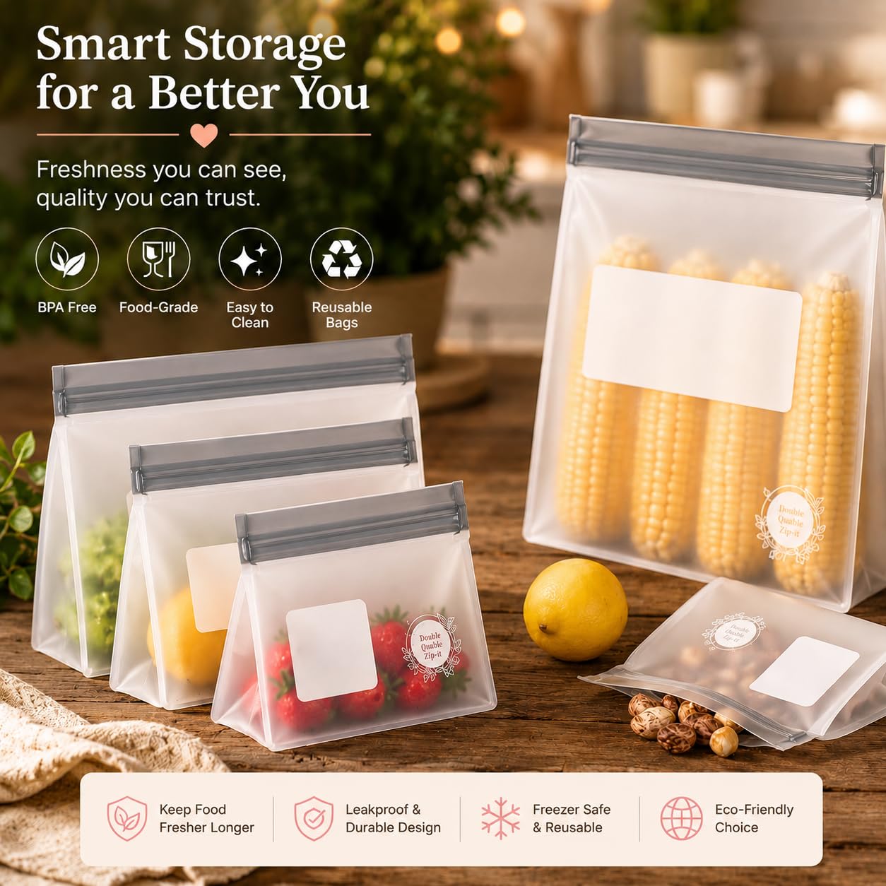 Reusable Food Storage Bags (10 Pack of 5 Gallon, 5 Large Bags (Grey))