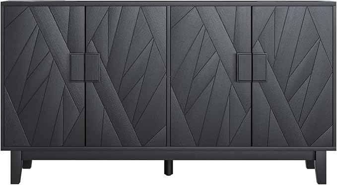 Modern Black 4-Door Sideboard Buffet Cabinet with Geometric Wood Doors | Adjustable Shelves, Large Console Table for Dining Room, Kitchen, and Living Room (55 inches)