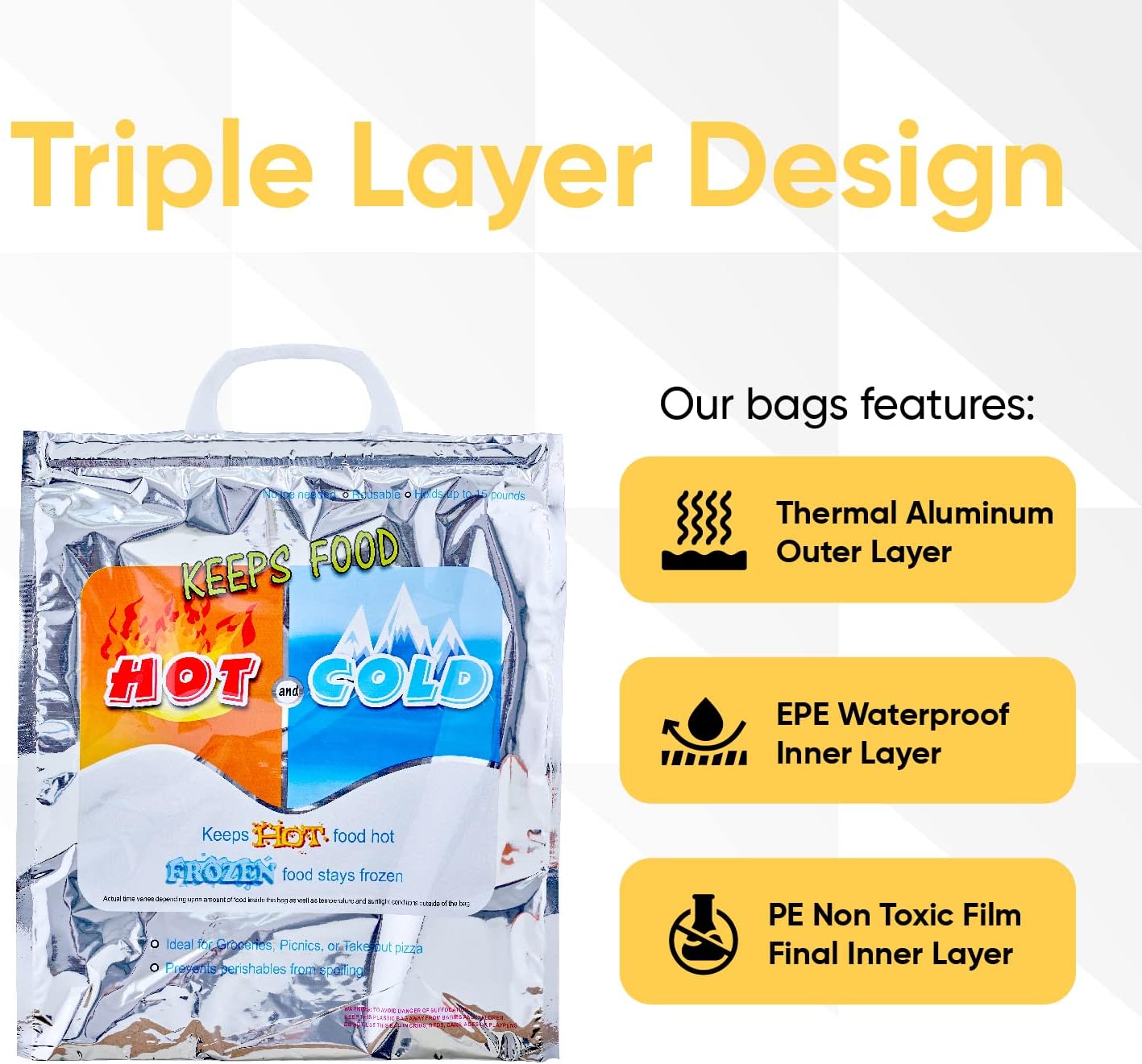 Superio Hot and Cold Insulated Bags for Food Delivery, Grocery Shopping Bags, Food Storage for Hot and Frozen Food for Travel, Disposable Cooler Bag, Reinforced Thermal Lunch Bag (4, 13"x7"x15.5")
