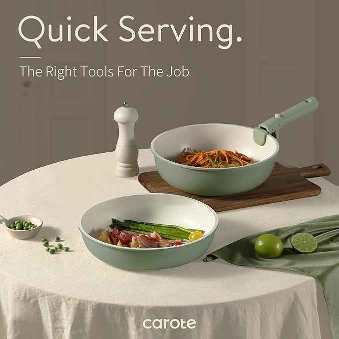 CAROTE Pots and Pans Set, Nonstick Cookware Set Detachable Handle, 19pcs Induction Kitchen Cookware Sets Non Stick with Removable Handle, RV Cookware Set, Oven Safe, Sage Green