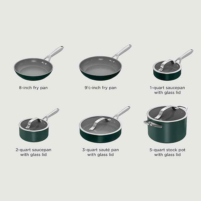 Ninja Ceramic Pro 10-Piece Cookware Set, NonStick Pots & Pans Set with Glass Lids, Nontoxic, PTFE Free, Ceramic Coated, Oven Safe, All Stovetops & Induction Compatible, British Racing Green, CW39010GN