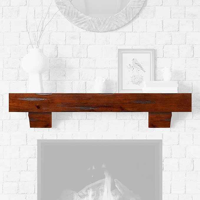 MANTELSDIRECT Breckenridge 48” Fireplace Mantel Shelf with Corbels – Rustic Floating Mantel Shelf for Over Fireplace – Cherry - Wood Shelf for Wall – Pine Box Construction
