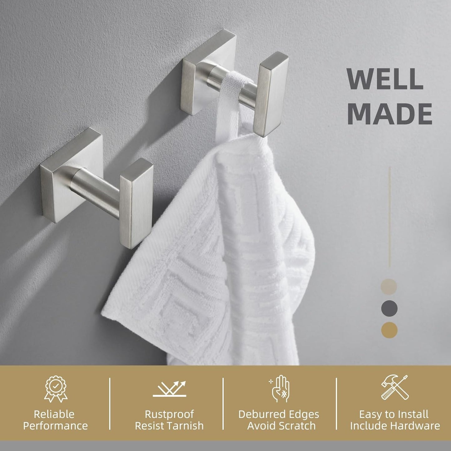 Angle Simple Bathroom Towel Hook 2 Pack, SUS304 Stainless Steel Bath Robe Holder, Modern Coat Hook Wall Mounted, Brushed Nickel
