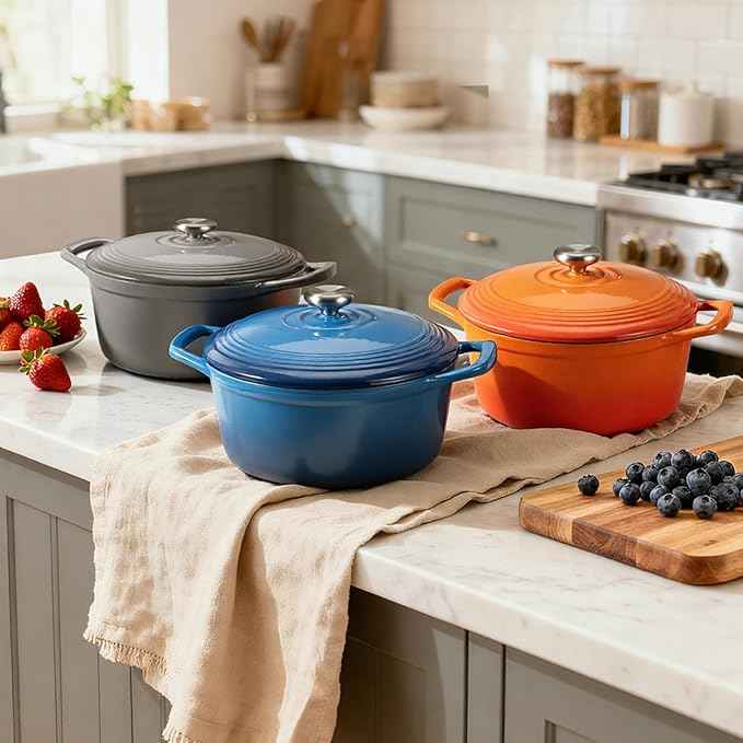 Overmont Refined Enameled Cast Iron Dutch Oven - 5.5QT Pot with Wide Handles Lid Cookbook & Cotton Potholders - Heavy-Duty Pre-Seasoned Cookware Oven Safe to 500ยฐF for Braising, Stews, Roasting, Bread Baking