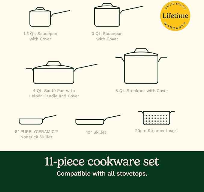 Cuisinart Cookware Set, 11 Piece Stainless Steel Cookware Pots and Pans, Home and Kitchen Durable Stainless Steel for Everyday Cooking, Matte Thyme, MT89G-11
