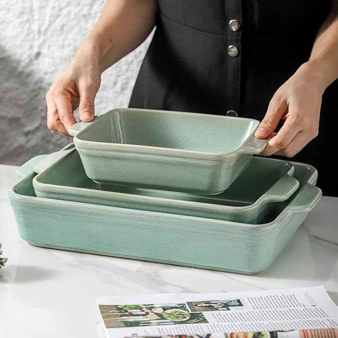 HVH 9x13 Baking Dish Set, Large Casserole Dishes for Oven, Ceramic Bakeware Set of 3, Rectangular Lasagne Pan Deep for Baking (Turquoise)