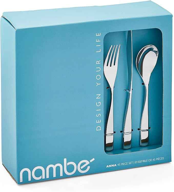 nambe Anna Flatware, 45-Pc Set, 18/10 Mirror Stainless Steel Silverware Cutlery Set, Designed for Home Kitchens, Hotel, or Restaurants, Service for 8 and a 3pc Hostess Utensil Set, Dishwasher Safe
