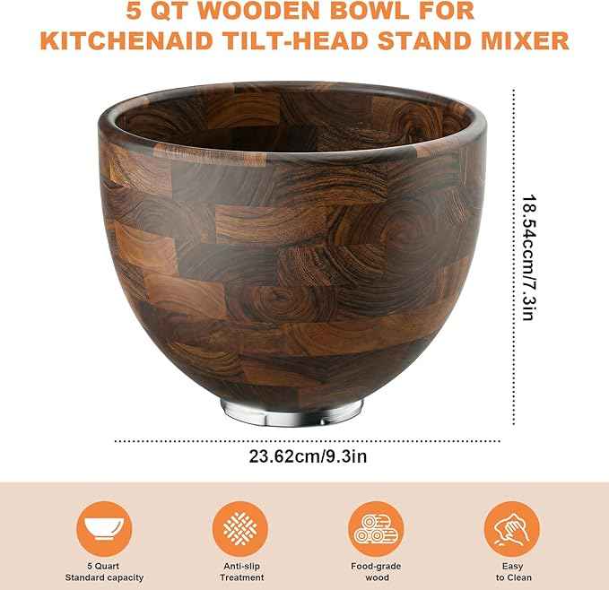 5 Qt Solid Wood Mixing Bowl Compatible with KitchenAid Tilt-Head Stand Mixer, Handcrafted Natural Wooden Bowl for 4.5-5 Qt K45SS KSM75 KSM150, Ideal for Bread Dough & Salads (Dark Brown)