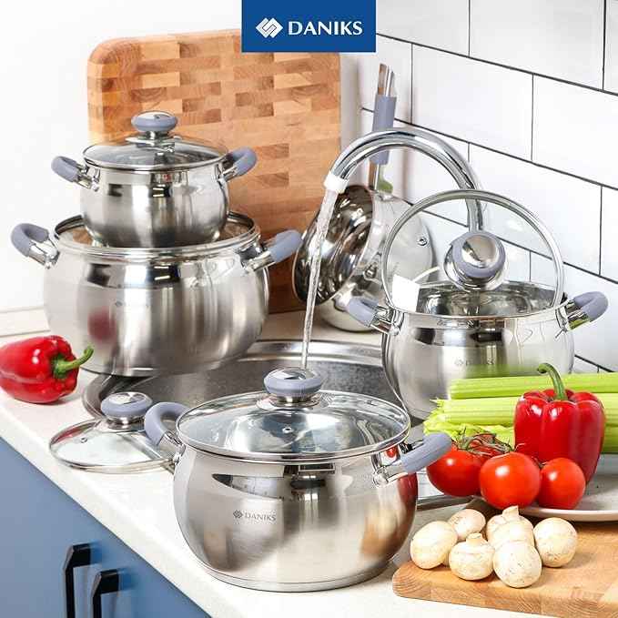 Daniks Modern 4 Quart Stainless Steel Stock Pot with Glass Lid, Tri-Ply Bottom for Even Heating, Induction Compatible, Dishwasher Safe, Heatproof Handles
