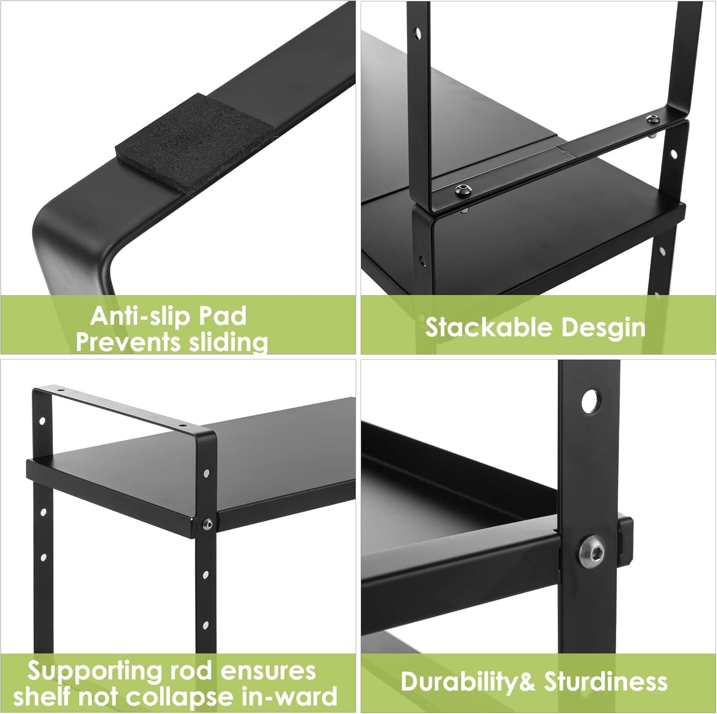 Expandable Cabinet Shelf Organizer Rack, Stackable Kitchen Countertop Organizer Storage Shelves, Adjustable Height Pantry Counter Shelf Riser Spice Rack (Black, 2 Pack)