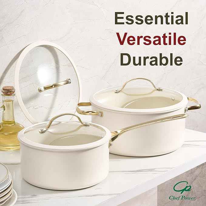 Chef Power Ceramic Cookware Sets, 10Pcs Pots and Pans Set Non Stick, Cookware Set with Stainless Steel Handle, Dishwasher & Oven Safe, Cream White and Light Gold Handle
