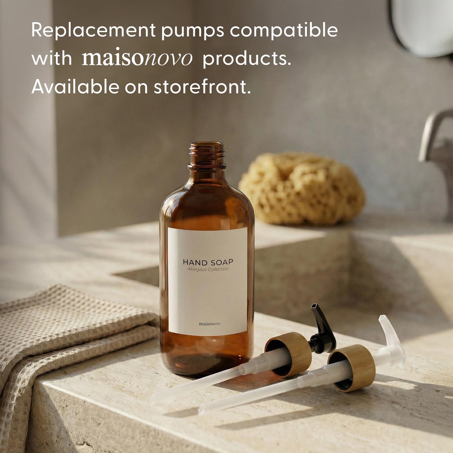 Dish Soap Dispenser Set (Amber Bottles Black Bamboo Pumps)