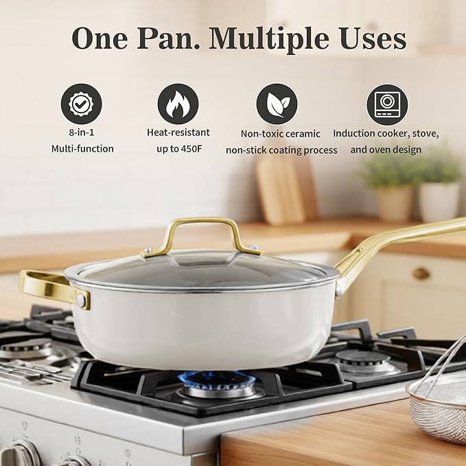 10-Inch Ceramic Non-Stick Cookware Set, 8-in-1 Multifunctional Cookware, Interior & Exterior Ceramic Coating, PFAS/PTFE/PFOA-Free, Compatible with All Stovetops, Oven-Safe up to 450°F
