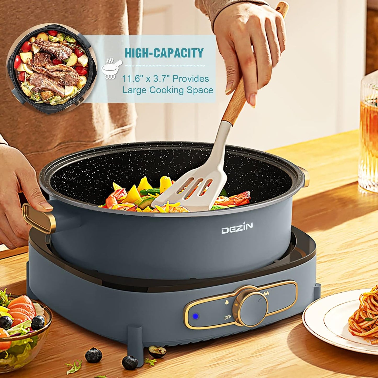 Dezin Electric Shabu Shabu Pot with Removable Pot, 5L Non-Stick Hot Pot Electric with Multi-Power Control, 3.7" Depth Electric Pot with Tempered Glass Lid for Party, Family and Friend Gathering