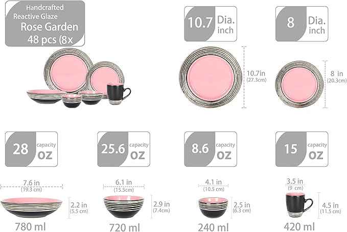 48 Piece Dinnerware Set, Ceramic Plates and Bowls Sets for 8, Microwave and Dishwasher Safe, Handcrafted Tree Bark Series Dish Set, Rose/Pink
