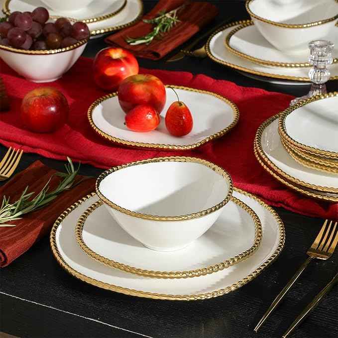 Christian Siriano Akoya Porcelain Dinnerware Set, 12-Piece - Dish Set for 4, Plates and Bowls Set, White and Gold