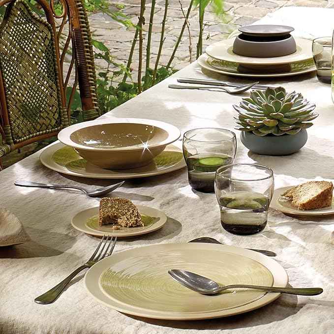 DEGRENNE Bahia French Deep Cereal Plate Set - Luxury Stoneware Plate Bowl Set for 4, Wide & Shallow, Modern Ceramic Dishware, Made in France, Microwave Safe, Dishwasher Safe, 8” - Dune