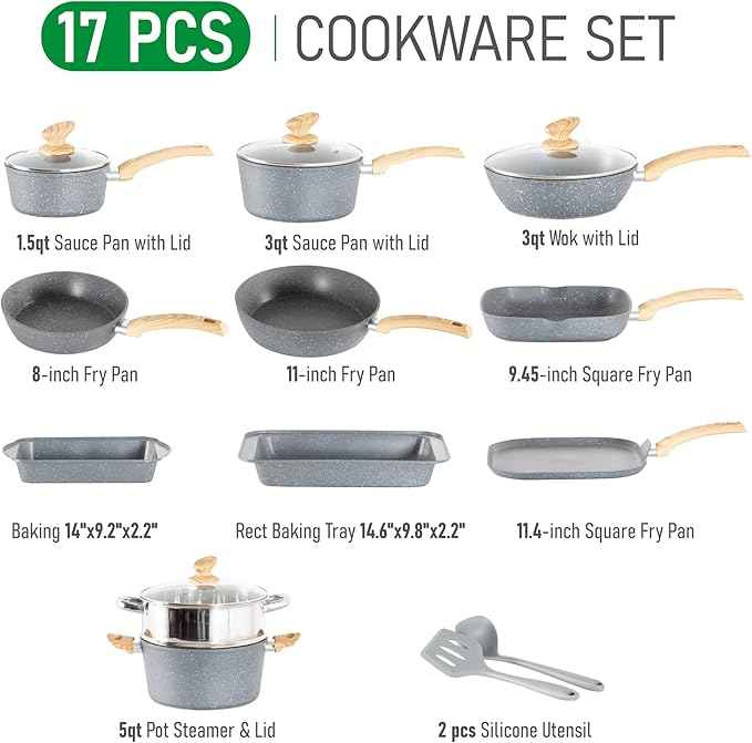 MAISON ARTS 17 Piece Pots and Pans Set Non Stick, Kitchen Cookware Sets with Nonstick Granite Stone Coating, Suitable for Induction Cooktops, Grey