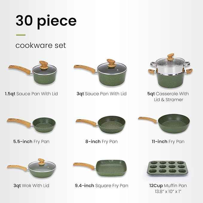 30 Piece Pots and Pans Set Non Stick, Granite Induction Cookware Sets, Nonstick Kitchen Cookware Sets, Non Toxic Cookware Set with Frying Pans and Saucepan, Kitchen Pots and Pans Set, Green
