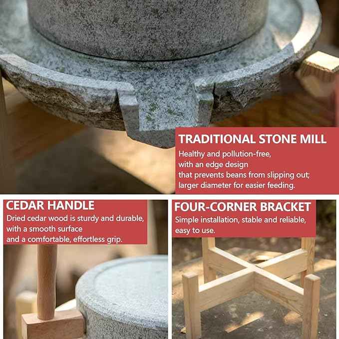 Manual Stone Grain Mill with Wooden Base for Grinding Flour, Rice, Spices, Beans, Wheat, Coffee – Premium Quality, Adjustable Coarseness, Vintage Kitchen Tool