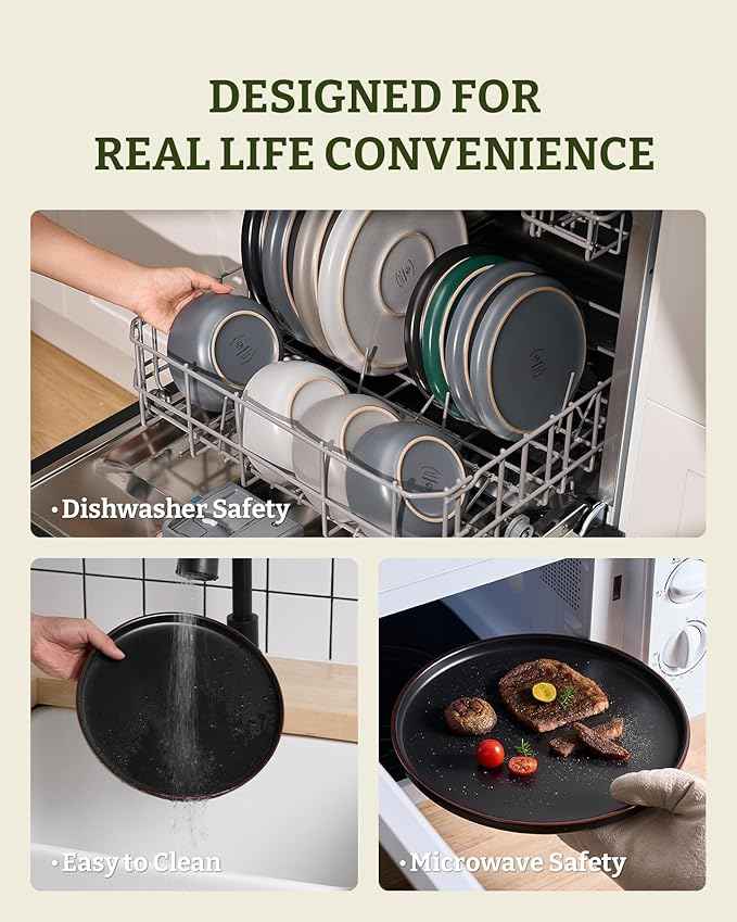Famiware Mercury Dinnerware Sets with Mugs, Service for 4 (16 Pieces), Plates and Bowls Sets, Microwave and Dishwasher Safe Dishes Set, Matte Black
