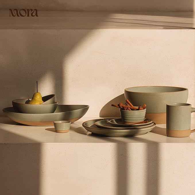 MORA Mega and Giant Serving Dishes Set of 2, 16 inch and 14 inch Ceramic Pottery Oval Platters - Microwave, Oven and Dishwasher Safe - Thyme & Mushroom