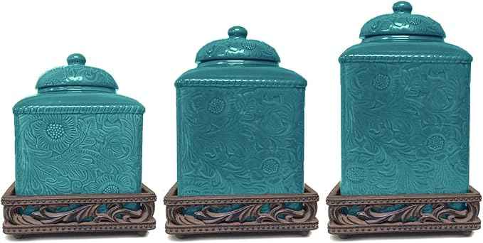 HiEnd Accents Savannah 3 Piece Ceramic Dinnerware Square Canister Set with Base, Turquoise Tooled Leather Floral Pattern, Modern Rustic Western Style