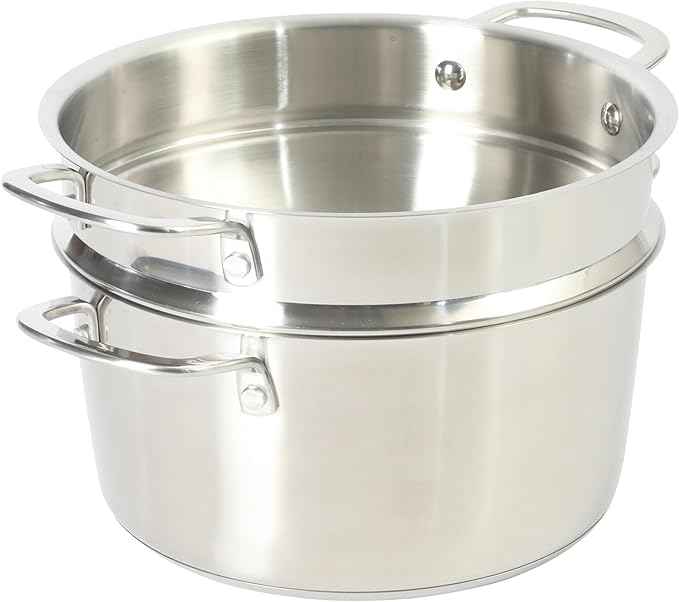 Sur La Table Kitchen Essentials Chef's Deck 3-Piece 5.3-Quart Stainless Steel Dutch Oven with Steamer Insert & Glass Lid – Induction Ready, Tri-Ply Base, Polished Finish & Hollow Stay-Cool Handles