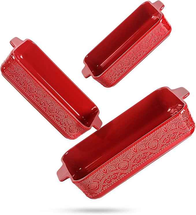 Ceramic Baking Dish Set of 3, Casserole Dishes for Oven, Ideal for Baking, Stewing, Roasting, and Holiday Feasts. The Gift for Mother's Day, Thanksgiving, Christmas, or Housewarming(Christmas Red)
