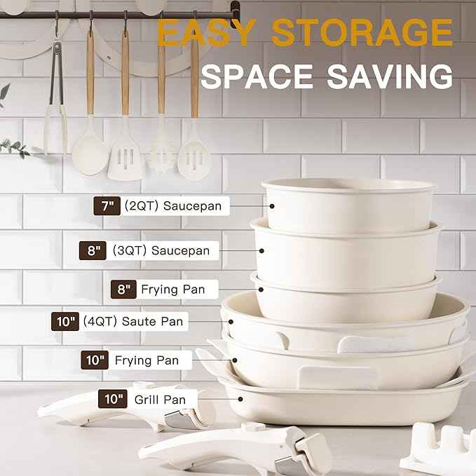 Astercook 23 Pcs Pots and Pans Non Stick Ceramic Cookware Set Detachable Handle, RV Stackable Kitchen Cooking Set Removable Handles, Oven Safe, Induction Ready, Cream White