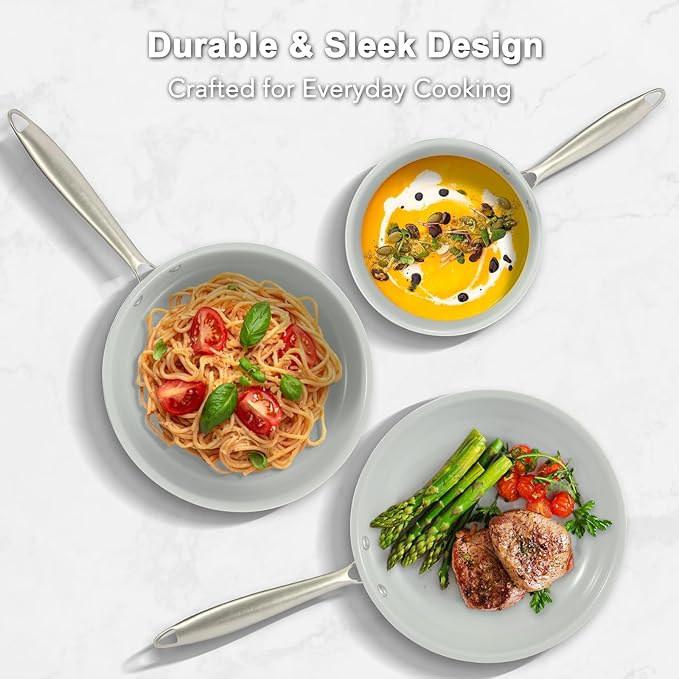 Pots and Pans Set Nonstick, 5-Piece Ceramic Cookware Set, Stainless Steel Handles, Induction Compatible & Oven Safe, Non Toxic Healthy Cooking Set for RV & Apartments, Cream White