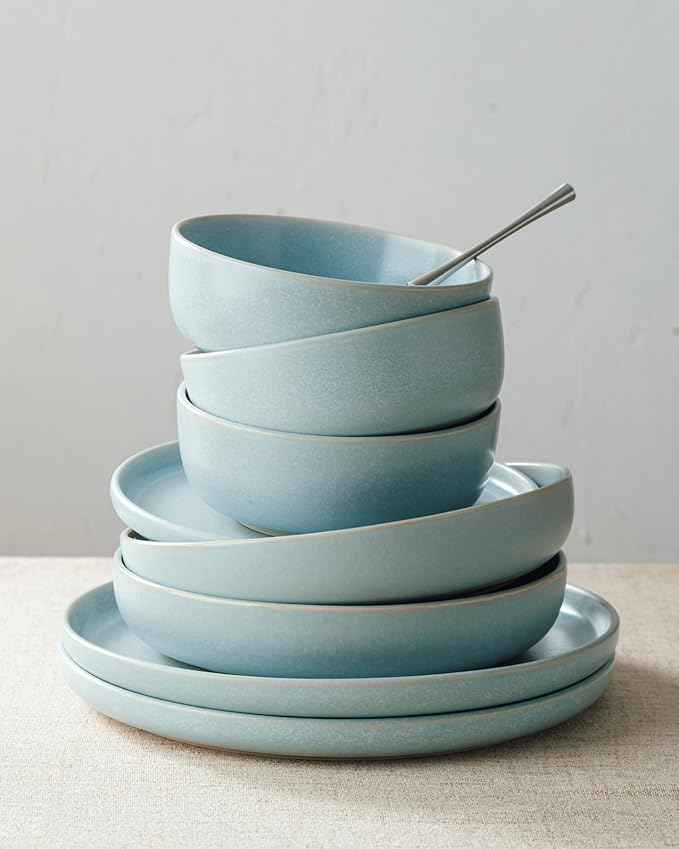 Famiware Milkyway Plates and Bowls Sets, 12 Pieces Dinnerware Sets, Reactive Glaze Dish Set, Stoneware Dishes Set for 4, Light Blue