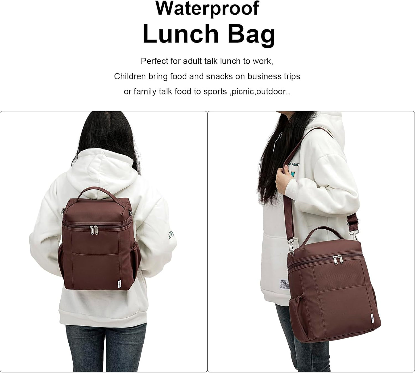 NOL Natural Organic Lifestyle Insulated Lunch Bags for Women Cooler Bag Lightweight Nylon Waterproof Lunch Box For Work (Coffee, Large)