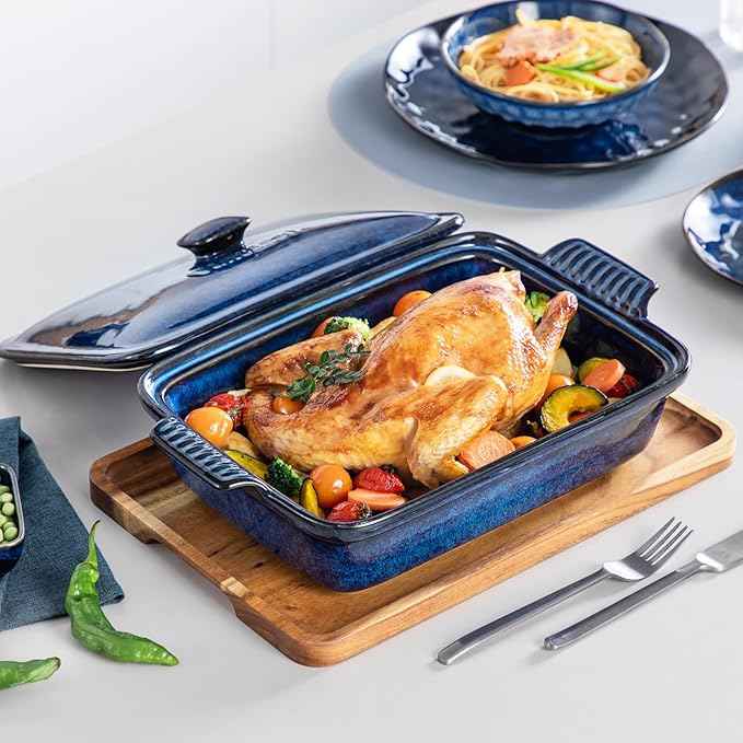 vancasso Starry Casserole Dish With Lid, 3.8 Quart Casserole Dish for Oven, 9x13 Baking Pan with Handles, Large Casserole Baking Dish Lasagna Pan with Lid, Microwave, Dishwasher Safe, Blue
