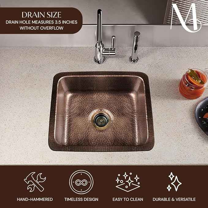 Monarch Abode Kitchen & Bar Sink – 17-inch Highball Dual Mount Drop in Kitchen Sink, Hand Hammered Pure Copper Sinks, Drop in Bar Sinks or Undermount, Deep Single Rectangular Bowl