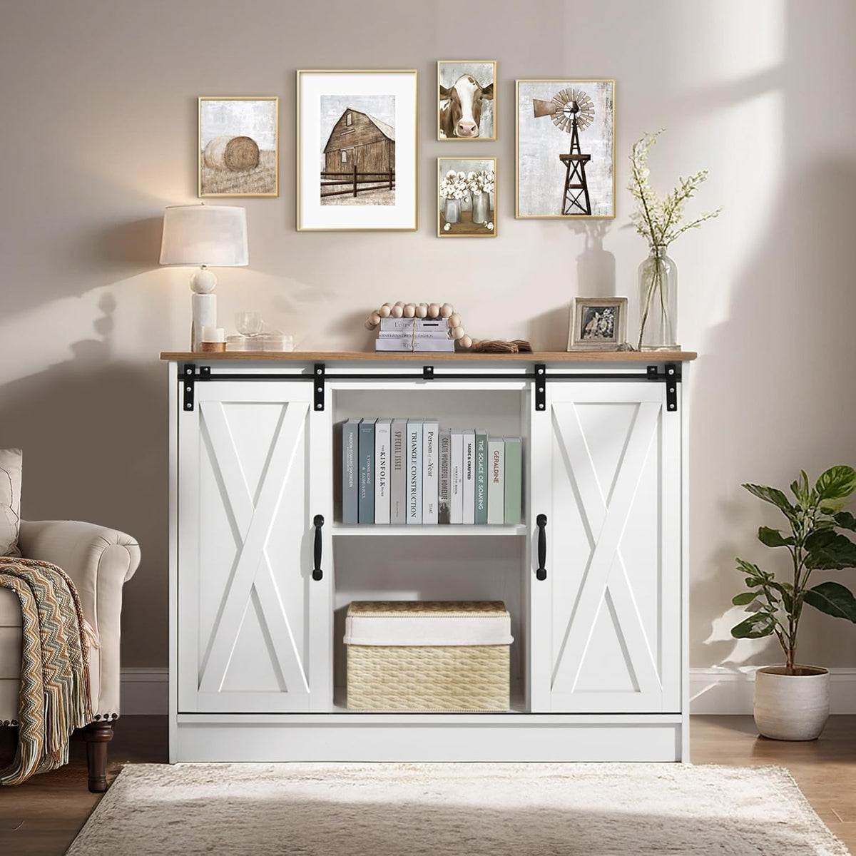 Coffee Bar Cabinet with Sliding Barn Doors (White)