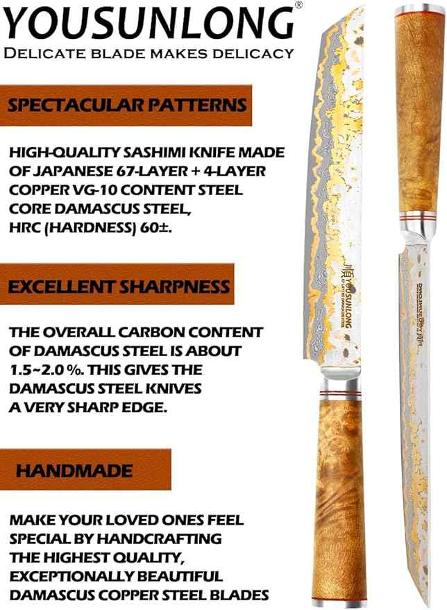 YOUSUNLONG Sashimi Slicing Knife - 8 Inch Sujihiki Yanagiba Knife - Super Sharp Slice - Japanese Handmade Copper Damascus Steel Blade - Naturel Burl Wooden Handle with Leather