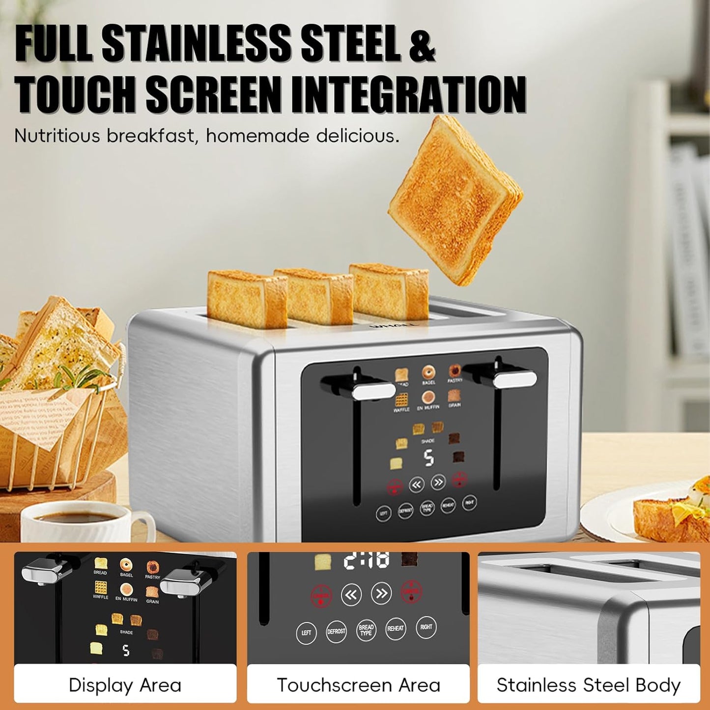 whall 4 Slice Touch Screen Toaster, Stainless Steel Toasters Digital Timer, Dual Control Panel Toasters,6 Shade Settings&6 Bread Types, Smart Wide Slots, Bagel, Cancel, Defrost,Flat lever Silver