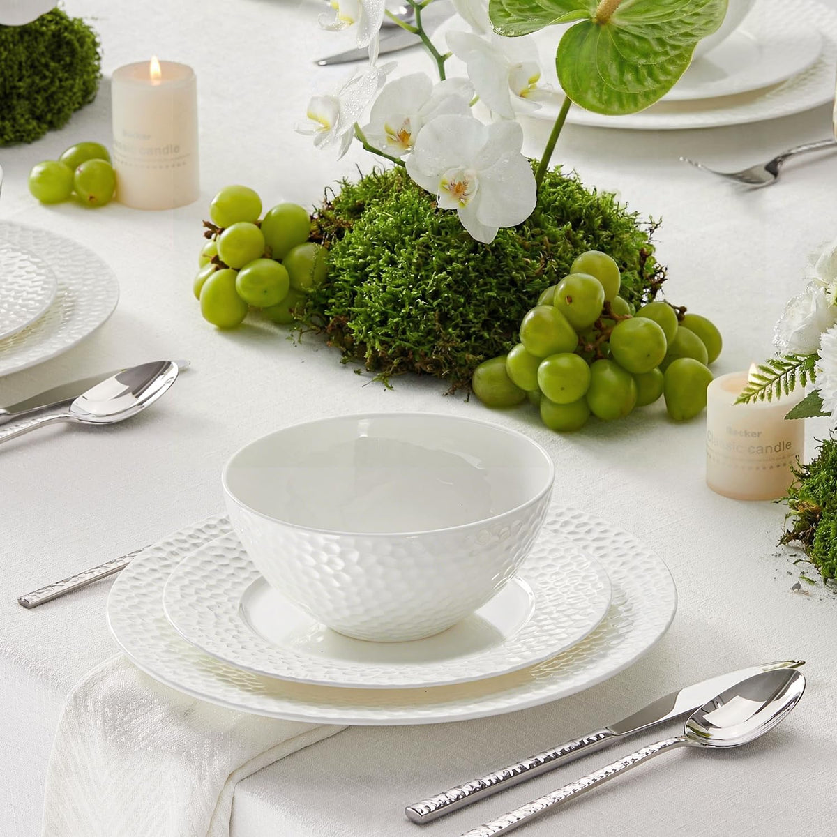 18Pcs Hammered Rim White Bone China Set (White-hammered / service for 6-18pcs)