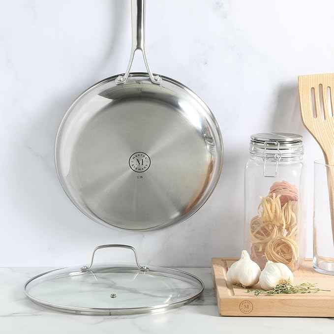 Martha Stewart Badgley Hybrid Nonstick 12 Inch TriPly Stainless Steel Large Fry Pan With Lid & Stay Cool Handle - Laser Etched Non-Toxic Perfect Sear Nonstick Skillet - Dishwasher and Induction Safe