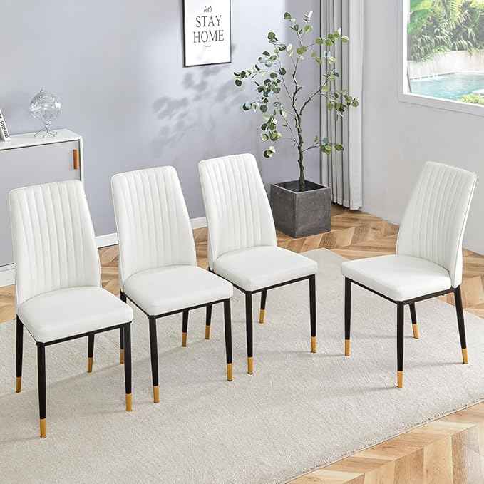 Modern Dining Chairs Set - 4 White PU Leather Armless Chairs with Metal Legs for Dinner Room, Office, Waiting Room
