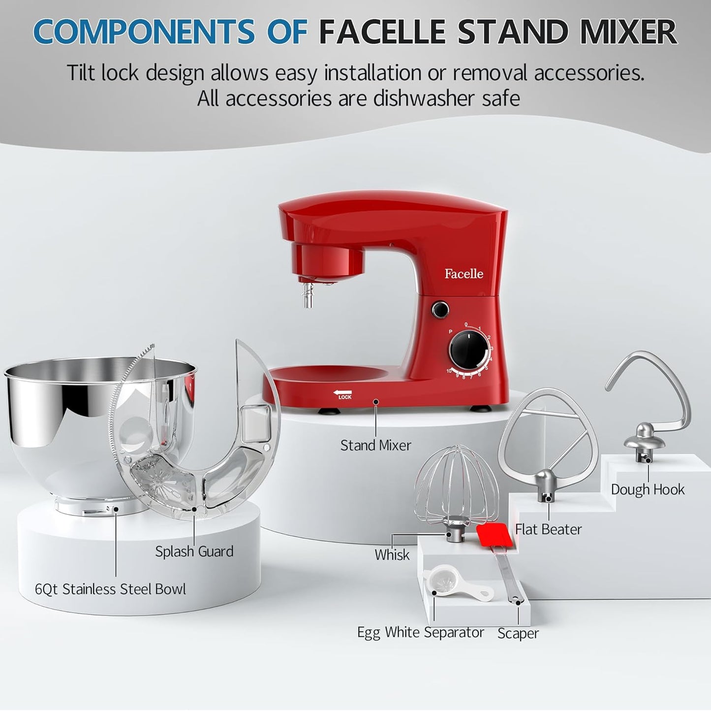 Facelle Stand Mixer, 10-Speed 6QT Kitchen Electric Mixer, Tilt-Head Food Mixer with Beater, Dough Hook, Wire Whip and Egg Separator, scraper for Most Home Cooks - Red